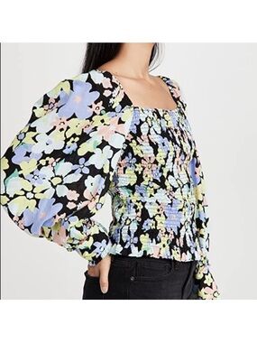 Free People Floral Smocked Square-Neck Top in Black Multi